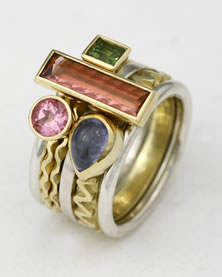 Stacking Ring multi-stone' in mixed metals with bagette Tourmaline, Tanzenite, pink Tourmaline and green Tourmaline